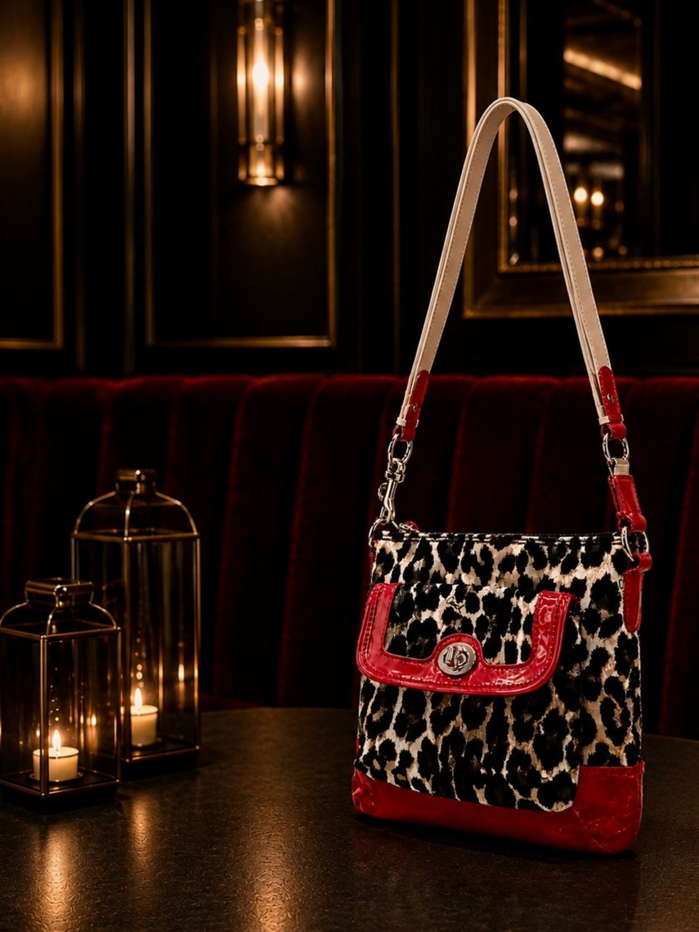 COACH Park Ocelot Print Swingpack Crossbody Bag Red Patent Turnlock